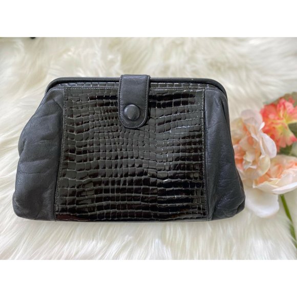 Vtg Jennifer Moore Blk Leather Reptile Clutch Bag - Picture 6 of 12